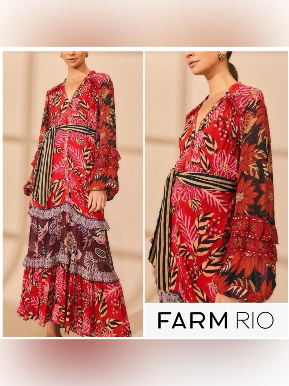 FARM Rio Red & Pink Floral Tiered V-Neck Maxi Dress with Striped Waist Tie